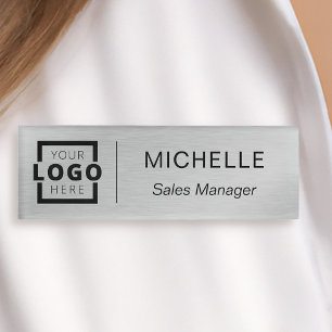 Custom Logo Business Employee Staff Faux Silver Name Tag
