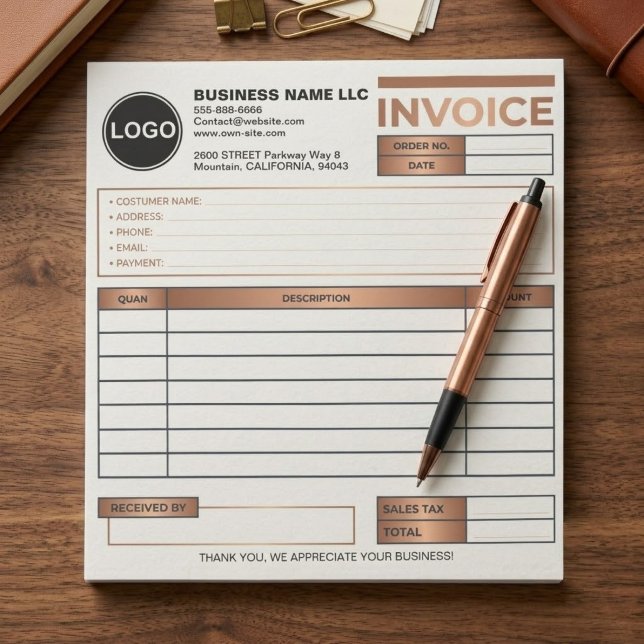 Custom Logo Business Invoice Sales Form Template Notepad (printed business sales tracker, company logo receipt book, modern minimalist invoice notepad, pro)
