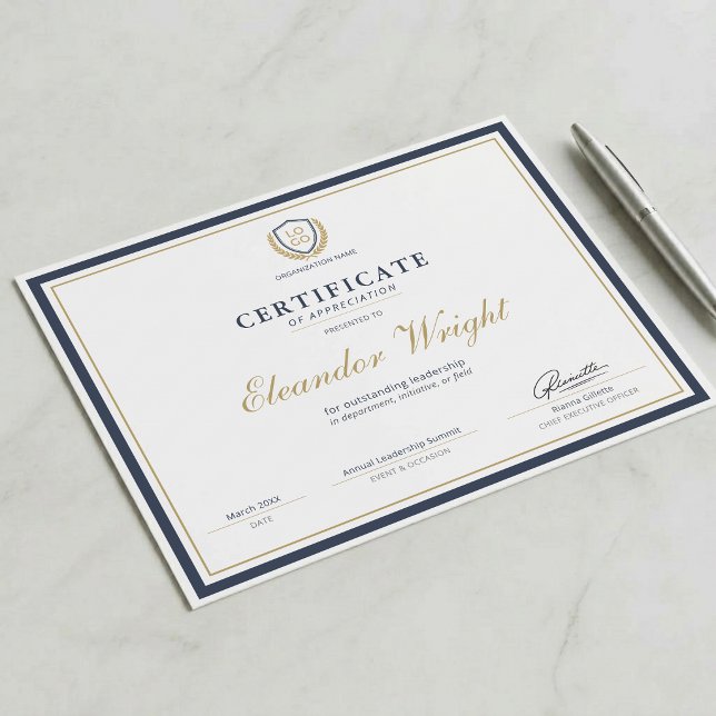Custom Logo Certificate of Appreciation Navy Blue  (Creator Uploaded)