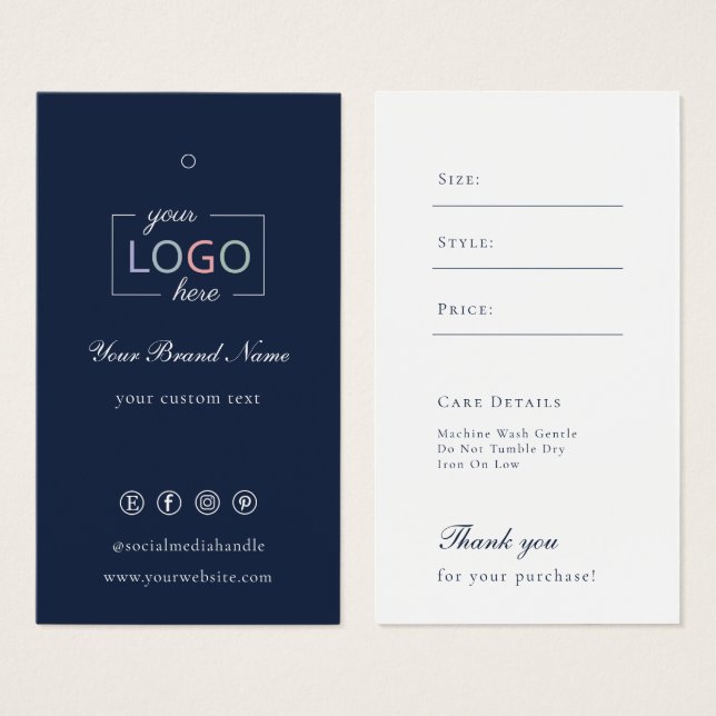 Custom Logo Clothing Garment Price Tag Navy White  (Front & Back)