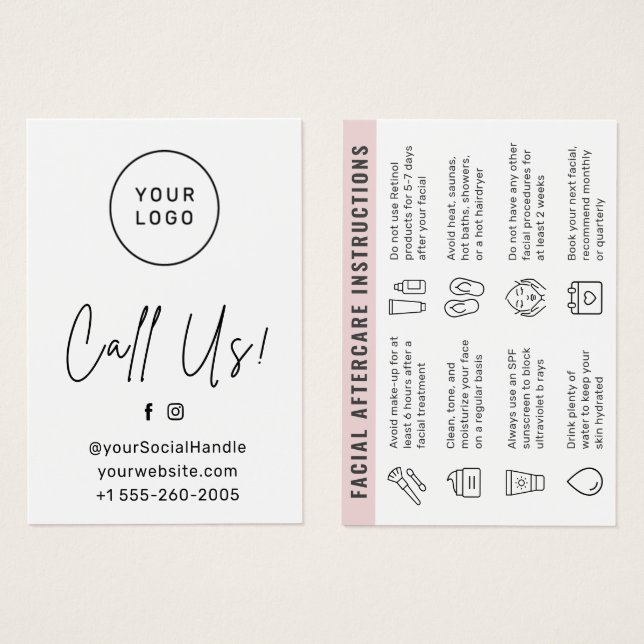 Custom Logo Colour  Facial Aftercare Advice Card (Front & Back)
