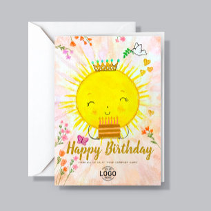 Custom Logo Cute Smiling Sun With Cake Birthday Card