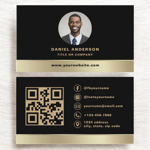 Custom Logo Elegant Black Gold QR Code Photo Business Card