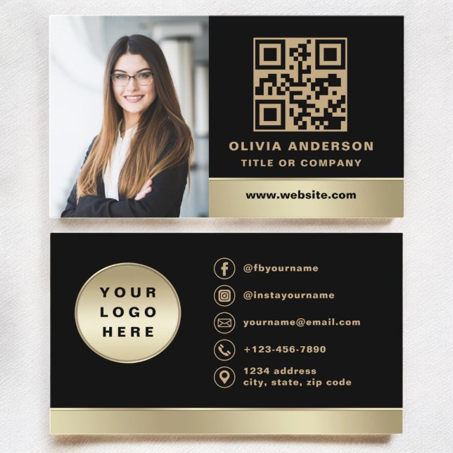 Custom Logo Elegant Black Gold QR Code Photo Business Card (Creator Uploaded)