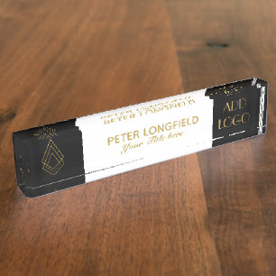 Custom Logo Elegant Black White Desk Nameplate