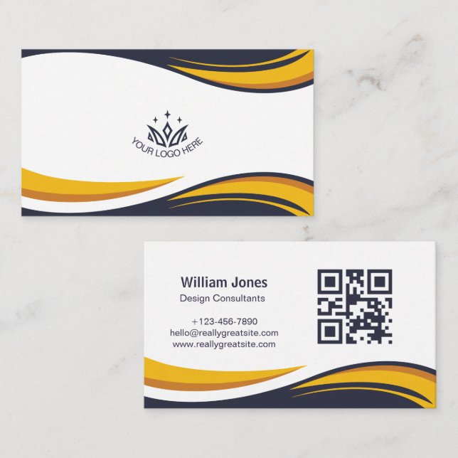 Custom Logo Elegant Corporate Wave QR Code  Business Card (Front/Back)