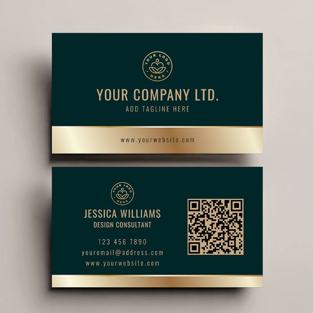 Custom Logo Elegant Green Gold QR Code Business Card (Creator Uploaded)