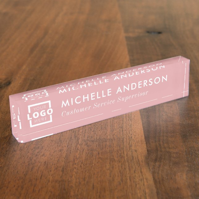 Custom Logo Elegant Modern Minimalist Pink White Nameplate (Side)