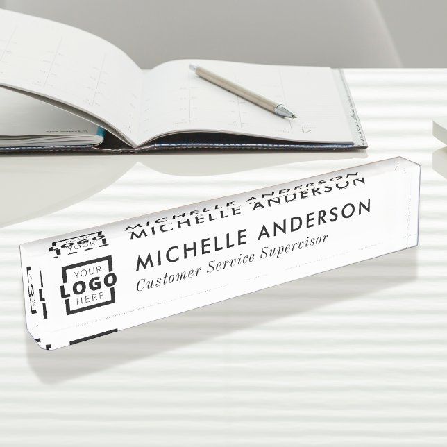 Custom Logo Elegant Modern Minimalist White Nameplate (Display your name and logo on this elegant name plate that has a white background and a modern font.)