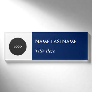 Custom Logo Elegant Navy Blue White Magnet Title Name Tag