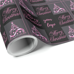 Custom Logo Elegant Pink Black Grey Christmas Wrapping Paper