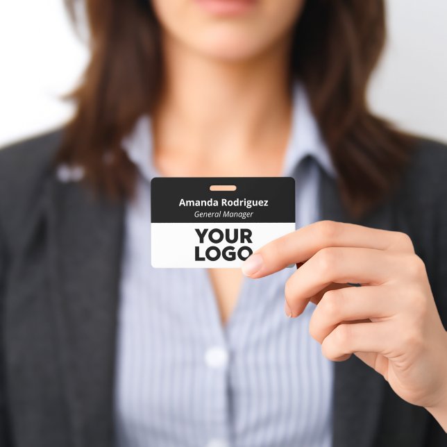 Custom Logo Employee Simple Black White Name ID Badge (Presented)