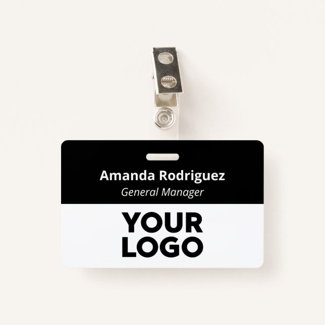 Custom Logo Employee Simple Black White Name ID Badge (Front with Clip)