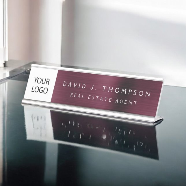 Custom Logo Executive Burgundy Professional Desk Name Plate (Creator Uploaded)