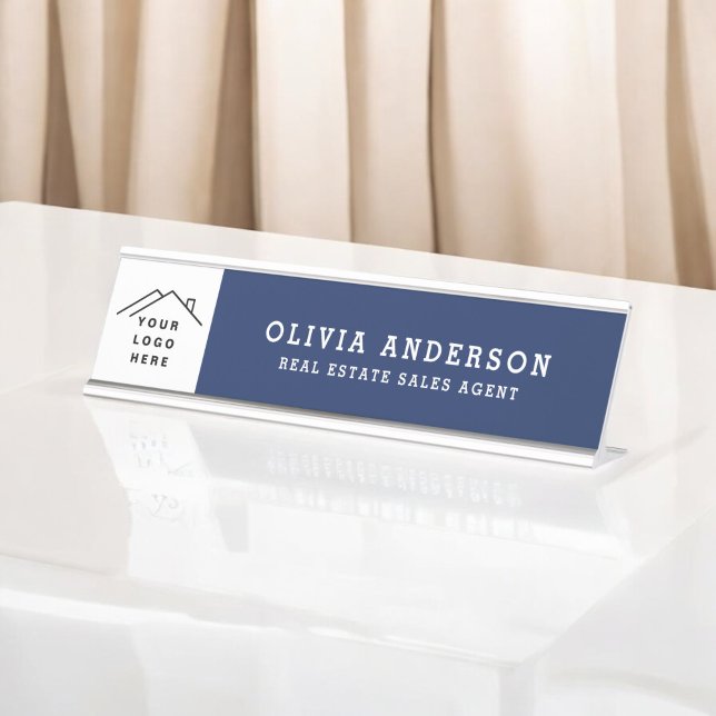 Custom Logo Executive Navy Blue Professional Desk Name Plate (Creator Uploaded)