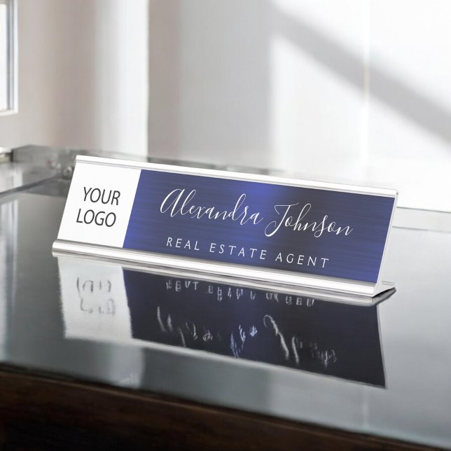 Custom Logo Executive Navy Blue Professional Desk Name Plate (Creator Uploaded)