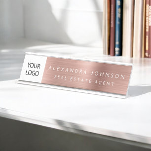 Custom Logo Executive Rose Gold Pink Professional Desk Name Plate