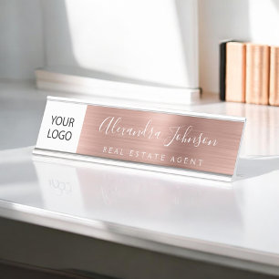Custom Logo Executive Rose Gold Pink Professional Desk Name Plate