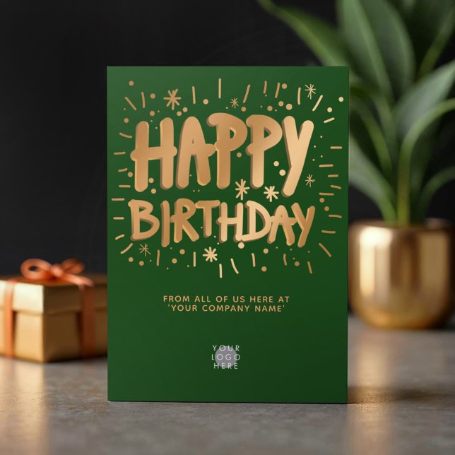 Custom Logo Faux Gold 3d Happy Birthday Dark Green Card (Creator Uploaded)