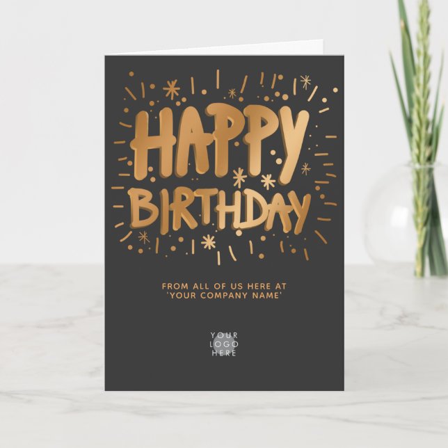 Custom Logo Faux Gold 3d Happy Birthday Dark Grey Card (Front)