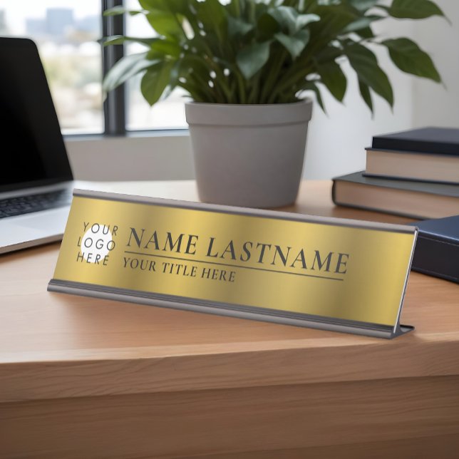 Custom Logo Faux Gold Classy Elegant Desk Name Plate (Creator Uploaded)