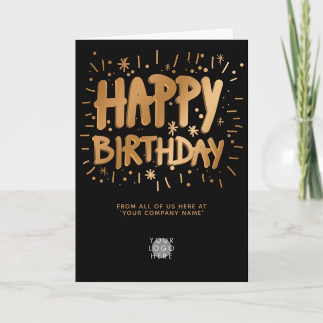 Custom Logo Faux Gold Fun Happy Birthday Black Card (Front)