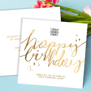 Custom Logo Faux Gold Hand Script White Birthday Card