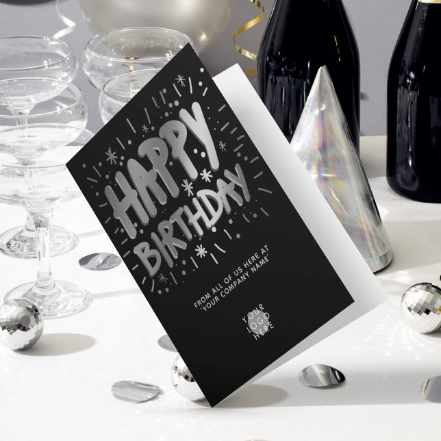 Custom Logo Faux Silver Fun Happy Birthday Black Card (Creator Uploaded)