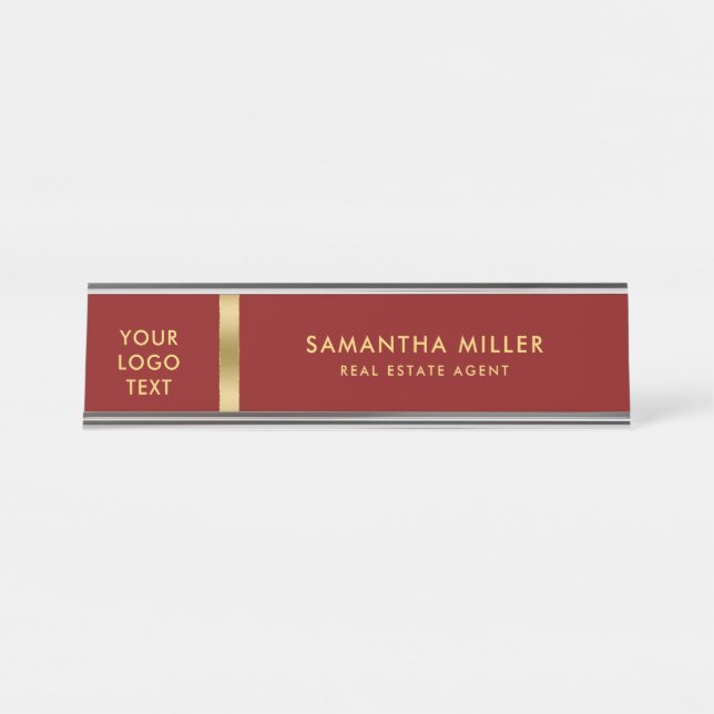 Custom Logo Gold and Dark Red Background Desk Name Plate (Front)
