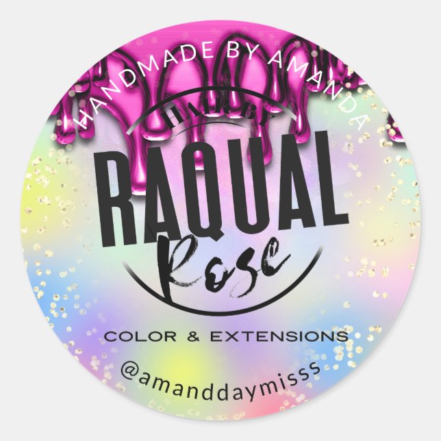 Custom Logo Gold Confetti Holographic Drips Classic Round Sticker (Front)