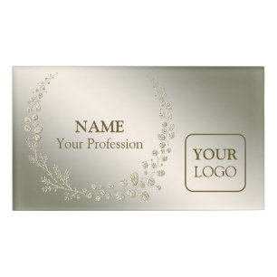 Custom Logo Golden Floral Leaves Wreath Elegant Name Tag