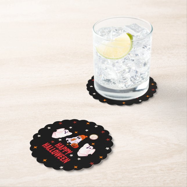 Custom Logo Happy Halloween Ghost & Pumpkin Paper  Coaster (Insitu)