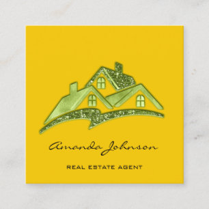 Custom Logo House Real Estate Agent Green Yellow Square Business Card