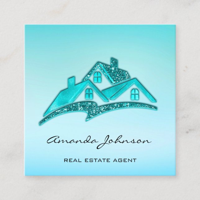 Custom Logo House Real Estate Agent Home Blue Ombr Square Business Card (Front)