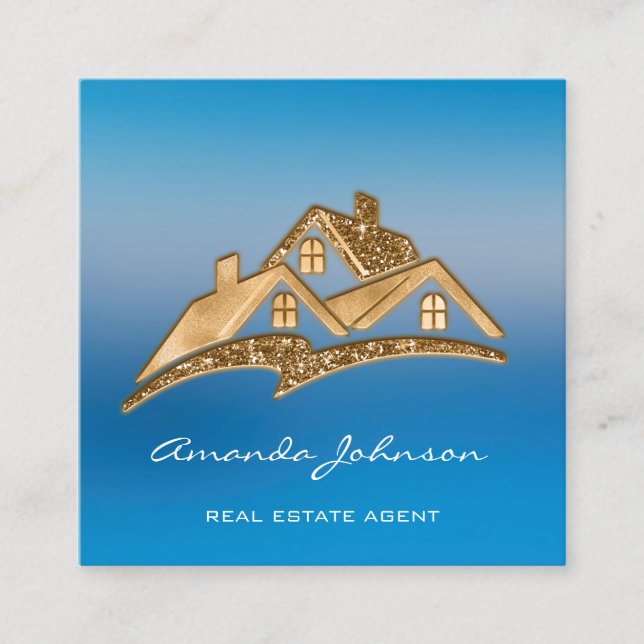 Custom Logo House Real Estate Agent Home Gold Square Business Card (Front)