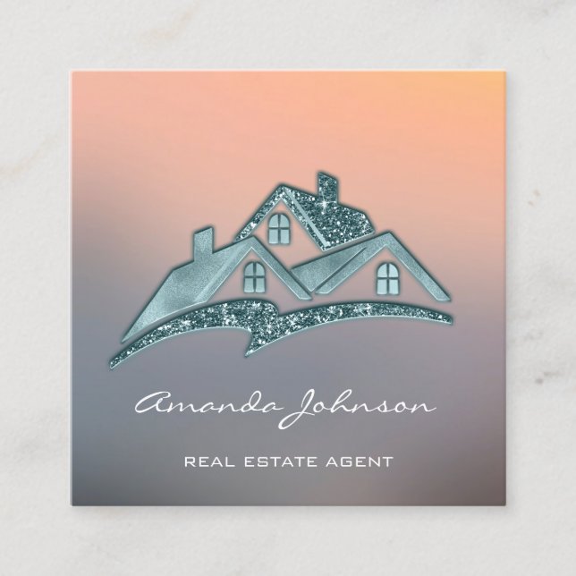Custom Logo House Real Estate Agent Home Grey Teal Square Business Card (Front)