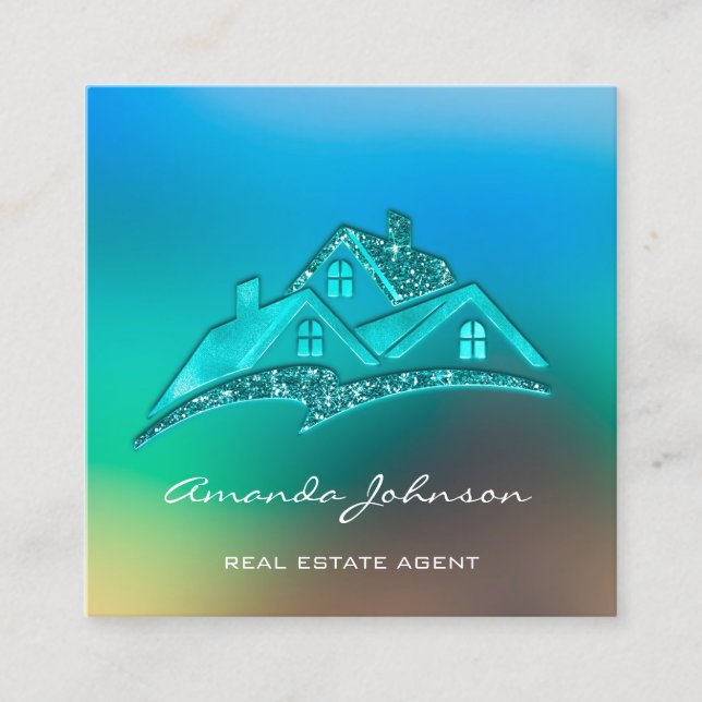 Custom Logo House Real Estate Agent Home Ocean Square Business Card (Front)