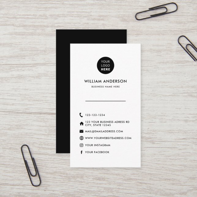 Custom Logo Minimal Social Media Icons Black White Business Card (Front/Back In Situ)