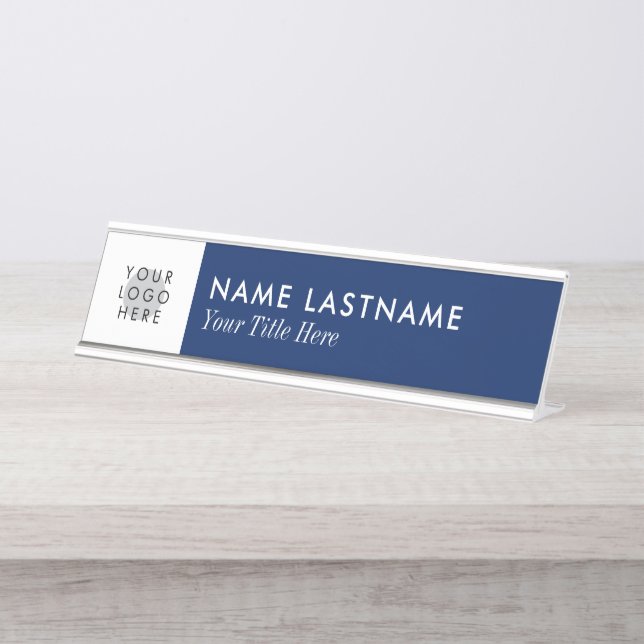 Custom Logo Minimalist Navy Blue White Title Desk Name Plate (Front)