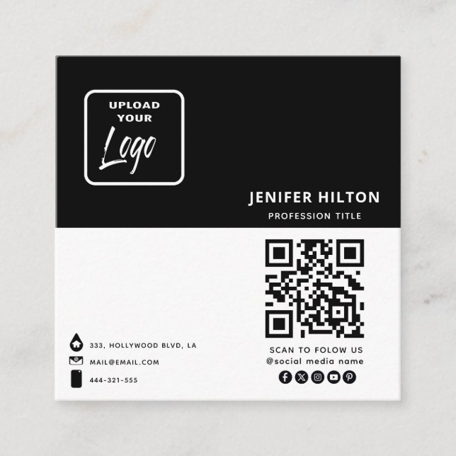 Custom logo minimalist social media icons QR code Square Business Card (Front)