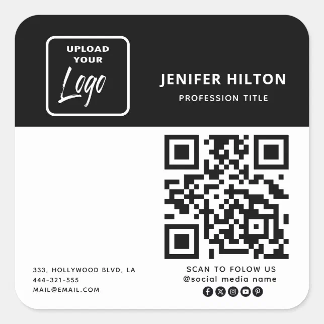 Custom logo minimalist social media icons QR code Square Sticker | Zazzle