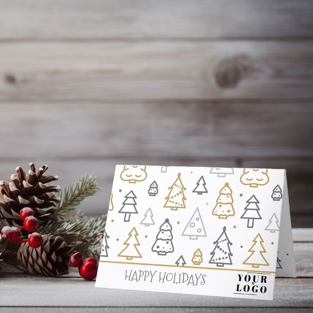 Custom Logo Modern Christmas Tree Doodle Art Holiday Card (Logo Branded Happy Holidays Christmas Holiday Card by Busy Business Bee)