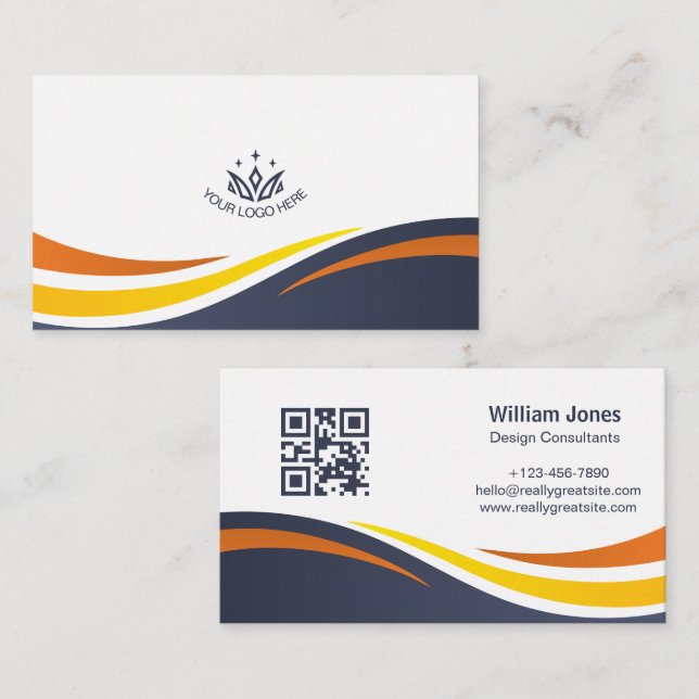 Custom Logo Modern Corporate Wave QR Code  Business Card (Front/Back)