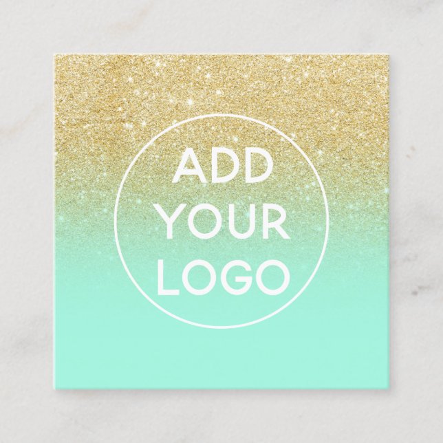 Custom logo modern gold glitter mint green ombre square business card (Front)