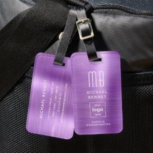 Custom Logo Monogram Purple Brushed Metal Luggage Tag