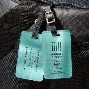 Custom Logo Monogrammed Teal Green Brushed Metal Luggage Tag