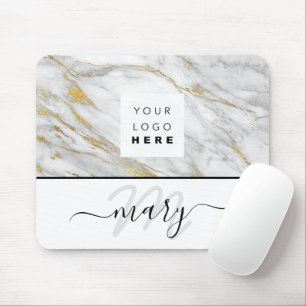Custom Logo Name Monogram Marble Gold Grey White Mouse Pad