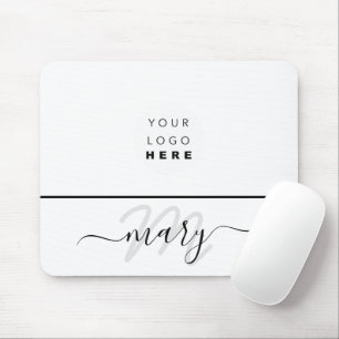 Custom  Logo Name Monogram Minimal Black White Mouse Pad
