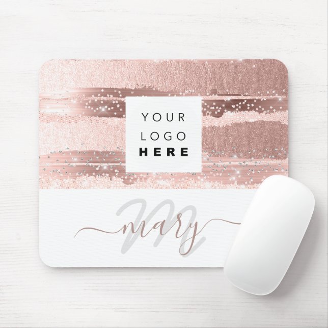Custom  Logo Name Monogram Rose Pink Stripes Mouse Pad (With Mouse)
