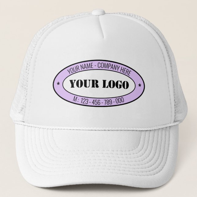 Custom Logo Name Phone Promotional Business Stamp Trucker Hat (Front)